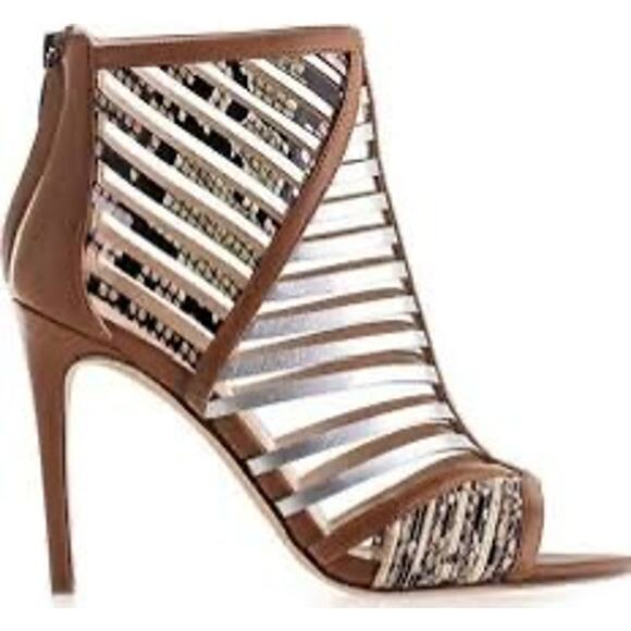 Nine West SZ 7 in Box Tan Leather 4" STILLETO Heel PEEP TOE Snakeskin Metallic - Picture 1 of 16